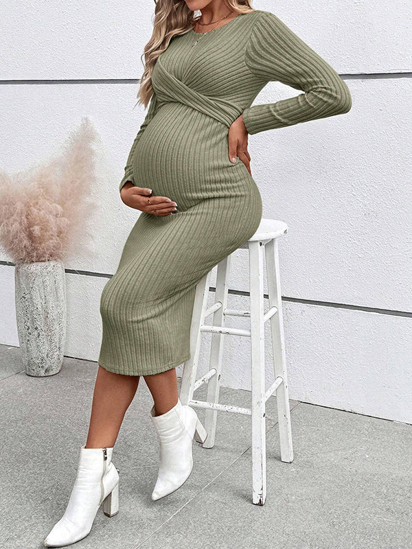 Beaumama robe mi-longue grossesse casual chic nœud moulante rayé femme enceinte