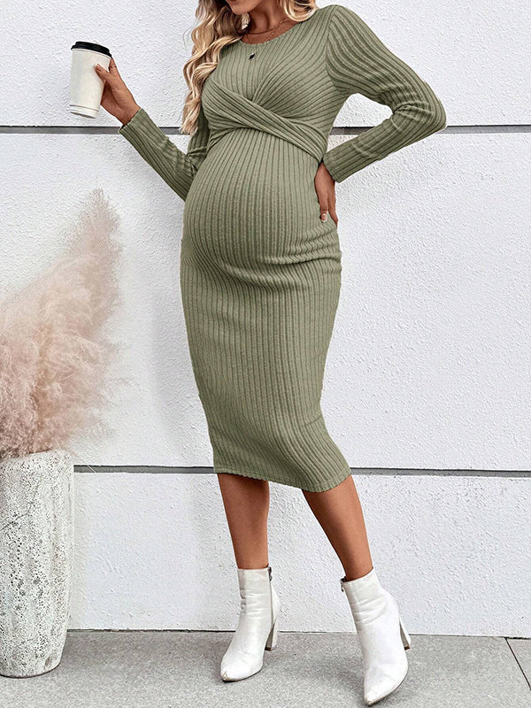 Beaumama robe mi-longue grossesse casual chic nœud moulante rayé femme enceinte