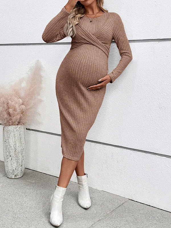 Beaumama robe mi-longue grossesse casual chic nœud moulante rayé femme enceinte