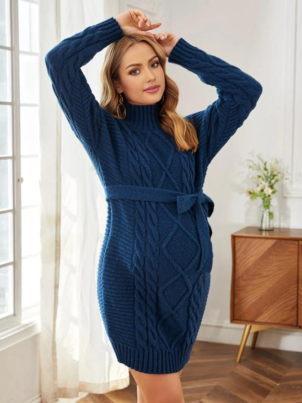 Beaumama robe pulls mi-longue grossesse casual chic rugueux tricot torsadé ceinture femme enceinte