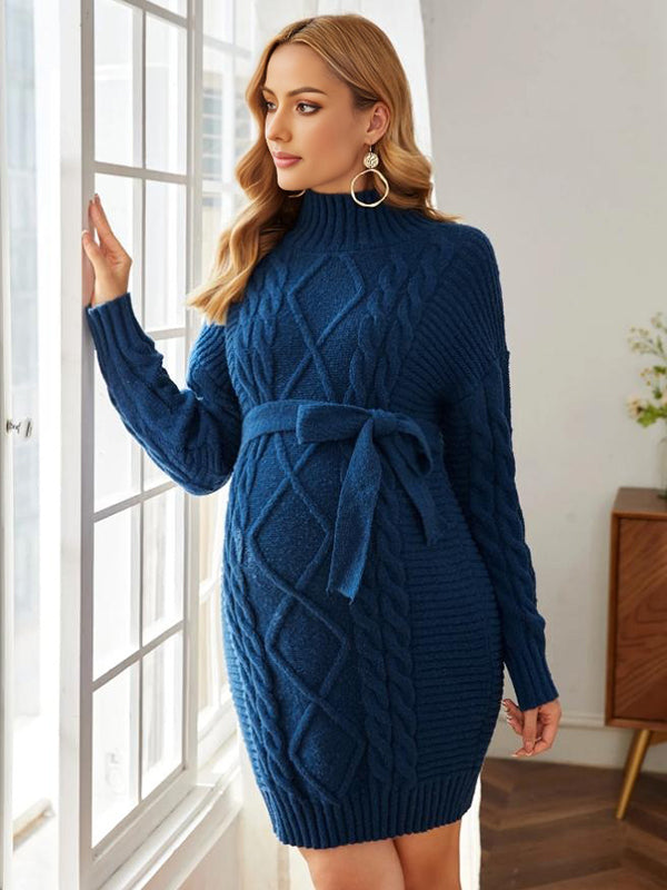 Beaumama robe pulls mi-longue grossesse casual chic rugueux tricot torsadé ceinture femme enceinte