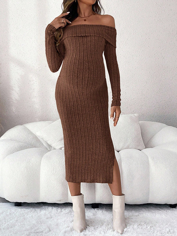 Beaumama robe mi-longue grossesse élégant chic rayé épaule dénudée fendu le côté moulante femme enceinte