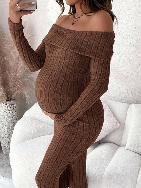 Beaumama robe mi-longue grossesse élégant chic rayé épaule dénudée fendu le côté moulante femme enceinte