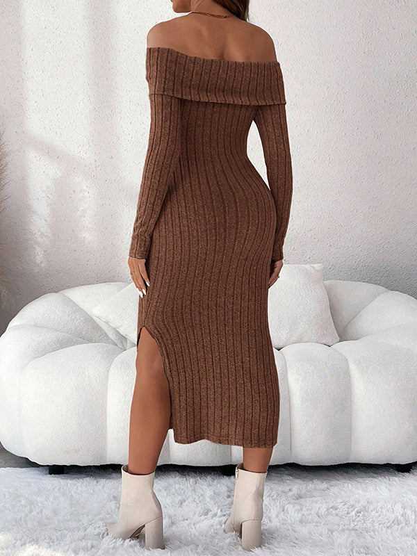 Beaumama robe mi-longue grossesse élégant chic rayé épaule dénudée fendu le côté moulante femme enceinte