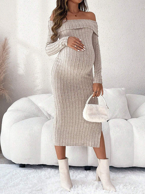 Beaumama robe mi-longue grossesse élégant chic rayé épaule dénudée fendu le côté moulante femme enceinte