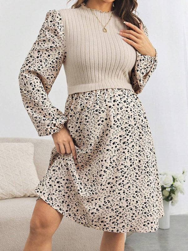 Beaumama robe mi-longue grossesse élégant chic imprimé fleurie épissage crochet tricot trapèze femme enceinte