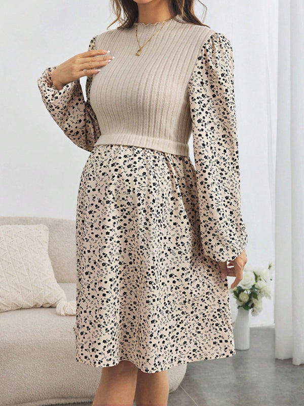 Beaumama robe mi-longue grossesse élégant chic imprimé fleurie épissage crochet tricot trapèze femme enceinte