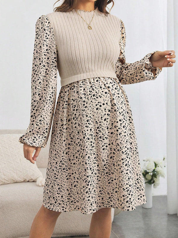 Beaumama robe mi-longue grossesse élégant chic imprimé fleurie épissage crochet tricot trapèze femme enceinte