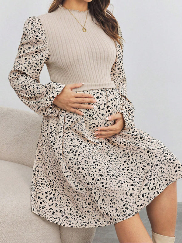 Beaumama robe mi-longue grossesse élégant chic imprimé fleurie épissage crochet tricot trapèze femme enceinte