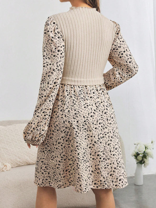Beaumama robe mi-longue grossesse élégant chic imprimé fleurie épissage crochet tricot trapèze femme enceinte