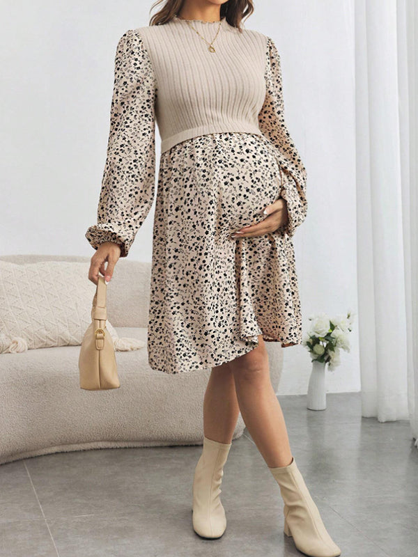 Beaumama robe mi-longue grossesse élégant chic imprimé fleurie épissage crochet tricot trapèze femme enceinte