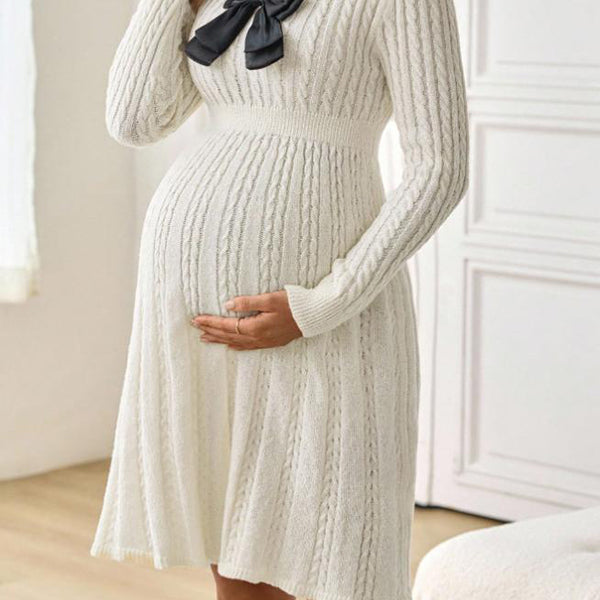 Beaumama robe pulls mi-longue grossesse élégant chic nœud papillon tricot torsadé trapèze femme enceinte