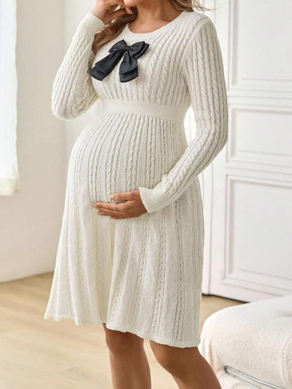 Beaumama robe pulls mi-longue grossesse élégant chic nœud papillon tricot torsadé trapèze femme enceinte