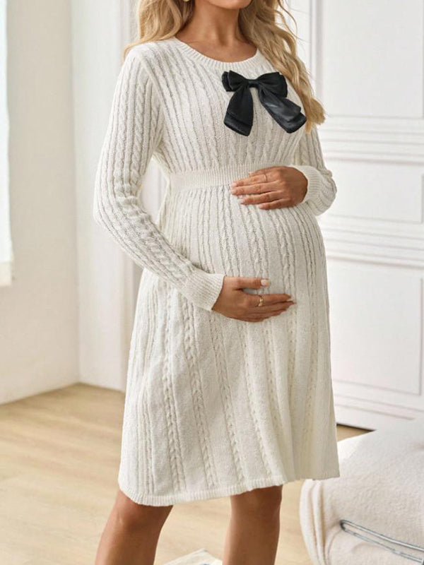 Beaumama robe pulls mi-longue grossesse élégant chic nœud papillon tricot torsadé trapèze femme enceinte