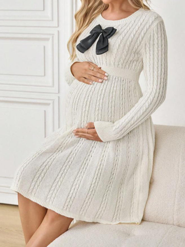 Beaumama robe pulls mi-longue grossesse élégant chic nœud papillon tricot torsadé trapèze femme enceinte