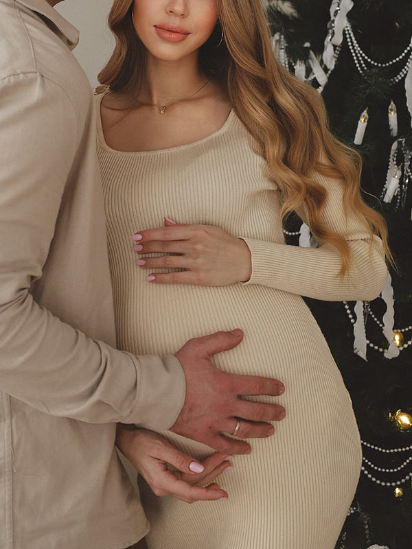 Beaumama robes mi-longue grossesse chic casual moulante fendu le côté femme enceinte