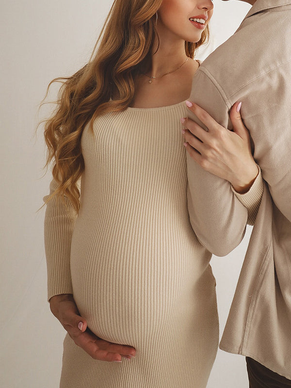 Beaumama robes mi-longue grossesse chic casual moulante fendu le côté femme enceinte