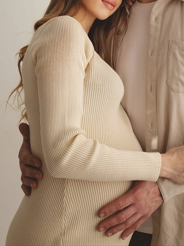 Beaumama robes mi-longue grossesse chic casual moulante fendu le côté femme enceinte