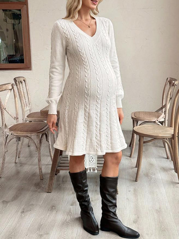 Beaumama robes pulls mi-longue grossesse casual tricot torsadé trapèze femme enceinte