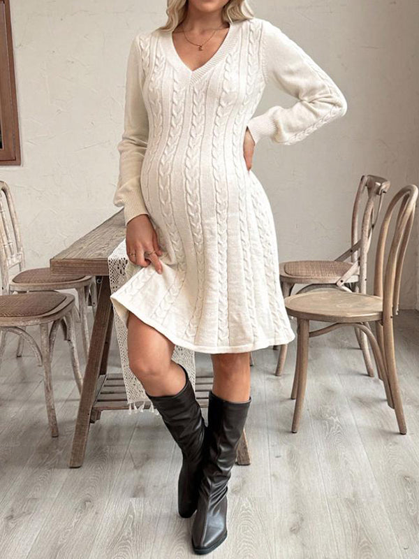 Beaumama robes pulls mi-longue grossesse casual tricot torsadé trapèze femme enceinte