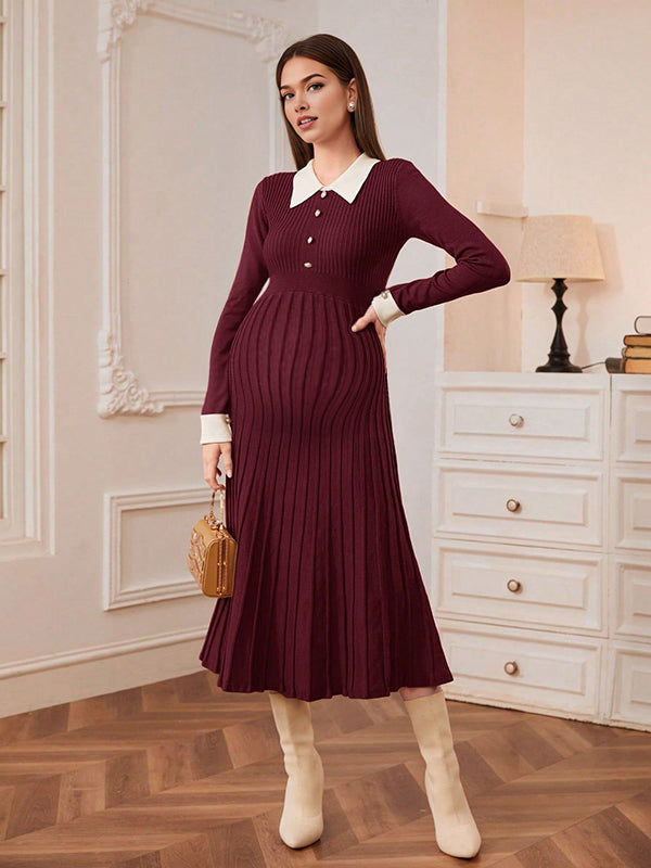Beaumama robe mi-longue grossesse élégant travail plissé boutonnage crochet tricot femme enceinte