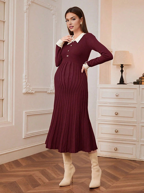 Beaumama robe mi-longue grossesse élégant travail plissé boutonnage crochet tricot femme enceinte