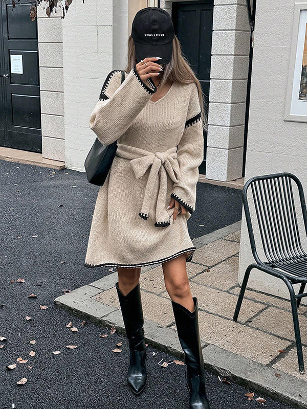 Beaumama robes pulls mi-longue grossesse casual crochet tricot ceinture trapèze contour femme enceinte