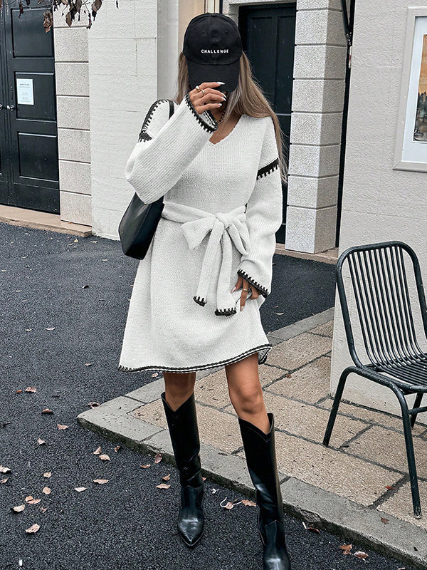 Beaumama robes pulls mi-longue grossesse casual crochet tricot ceinture trapèze contour femme enceinte