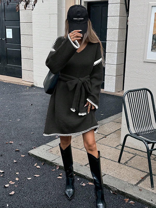 Beaumama robes pulls mi-longue grossesse casual crochet tricot ceinture trapèze contour femme enceinte