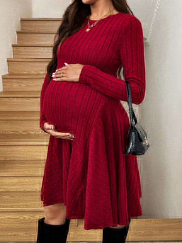 Beaumama robes mi-longue grossesse élégant travail crochet tricot trapèze rayé femme enceinte