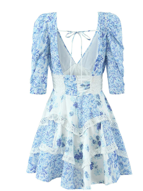 Beaumama robes courte grossesse motif en porcelaine bleu et blanc épissage dentelle femme enceinte