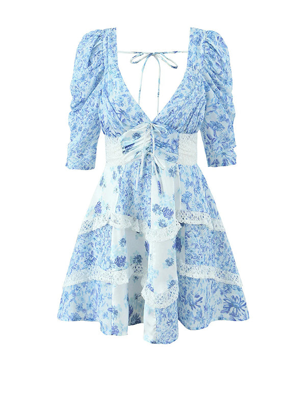 Beaumama robes courte grossesse motif en porcelaine bleu et blanc épissage dentelle femme enceinte