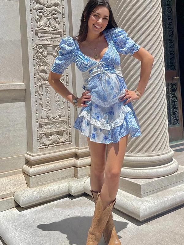 Beaumama robes courte grossesse motif en porcelaine bleu et blanc épissage dentelle femme enceinte