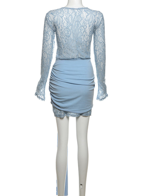 Beaumama robes courte grossesse dentelle plissé col rond manches longues élégant femme enceinte