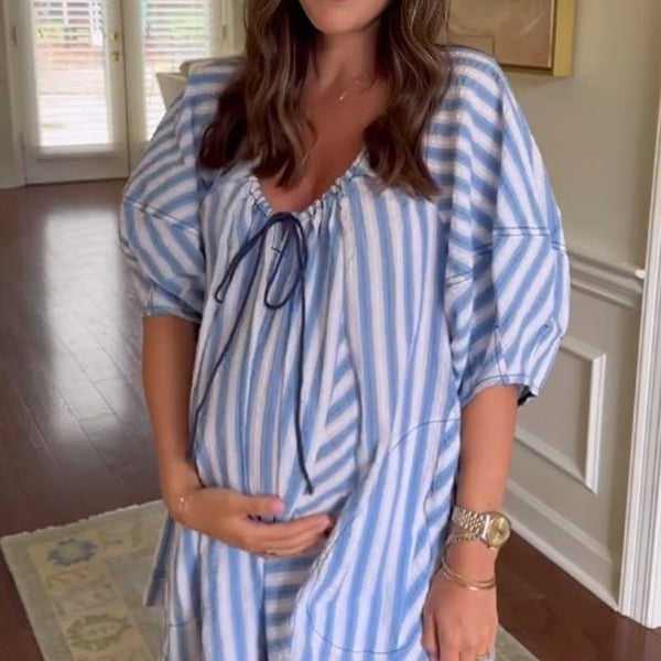 Beaumama robes courte grossesse casual vacances rayé coulisse taille trapèze couleur bloc femme enceinte