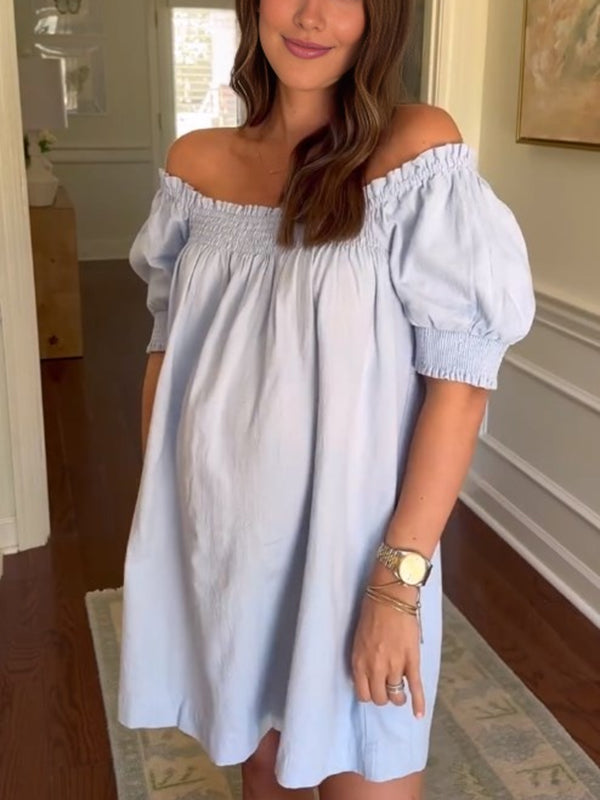 Beaumama robes courte grossesse casual vacances plissé trapèze épaule dénudée femme enceinte
