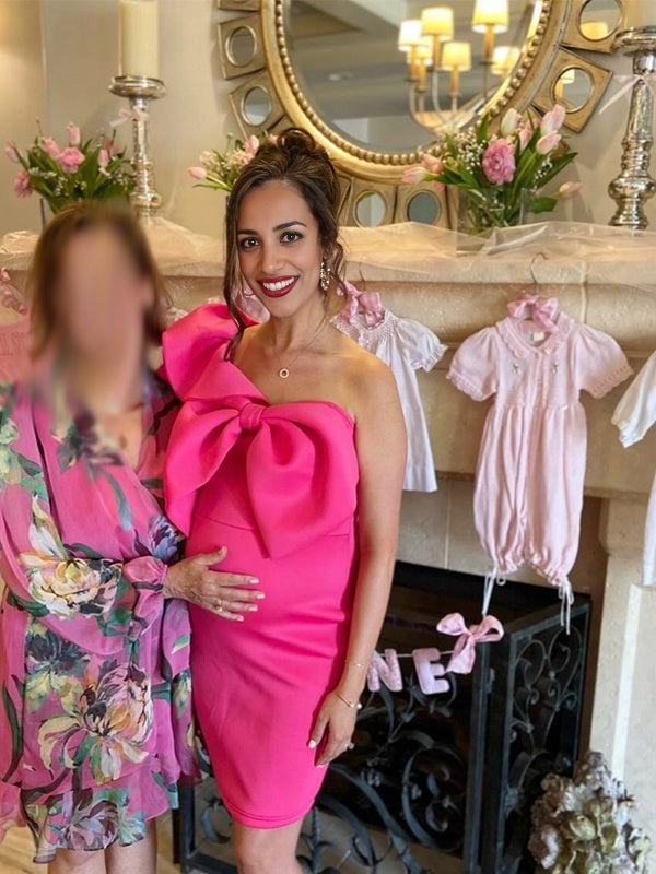Beaumama robe courte grossesse baby shower fille nœud papillon volants épaules dénudées femme enceinte