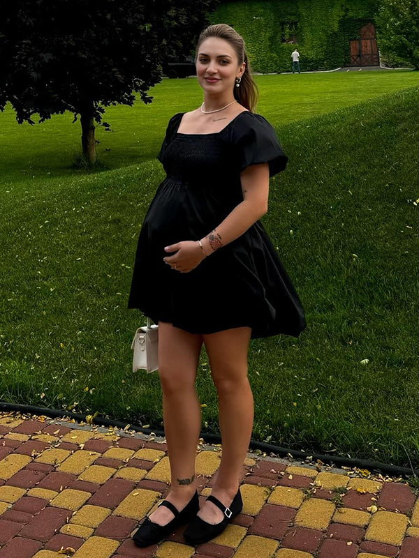 Beaumama robes courte grossesse chic mignon vacances fluide trapèze manches bouffantes femme enceinte