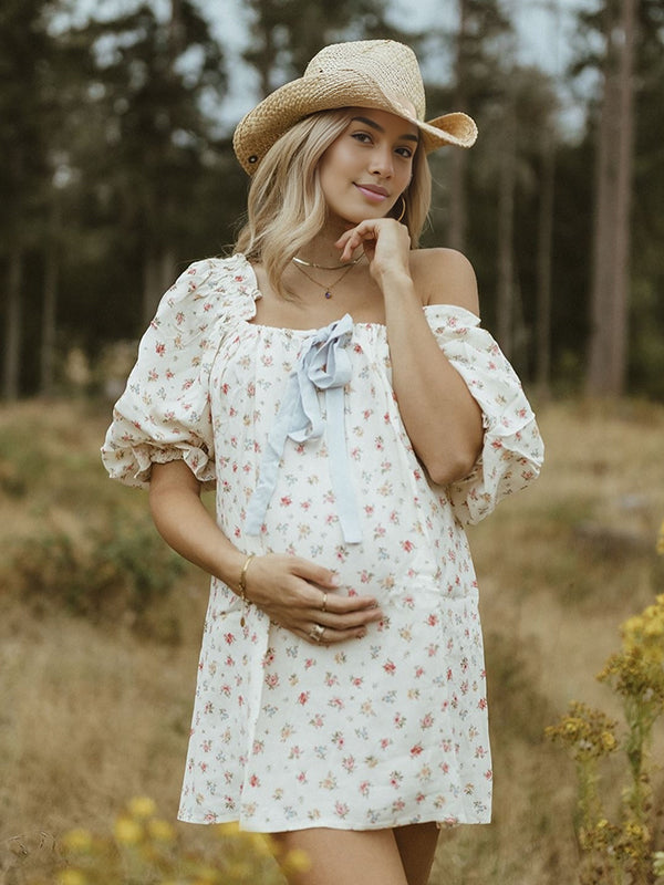 Robe courte grossesse imprimé fleurie nœud papillon blanche