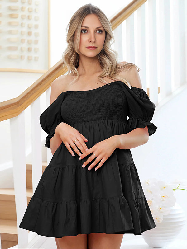Robe courte grossesse volants trapèze épaule dénudée noir