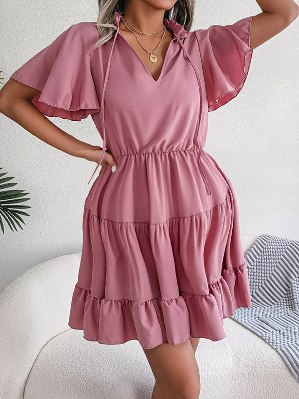 Robe courte grossesse volants fluide trapèze rose