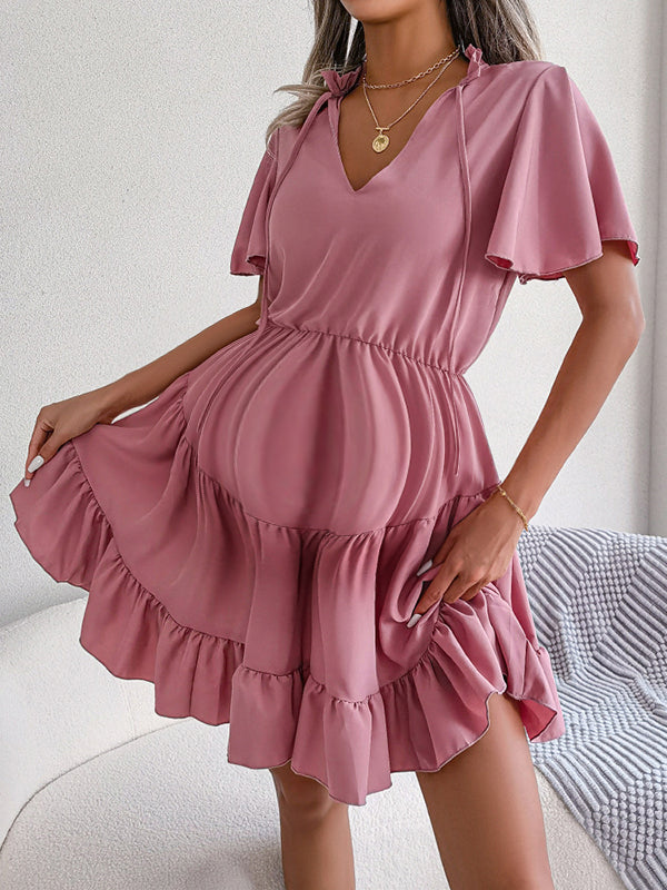 Robe courte grossesse volants fluide trapèze rose