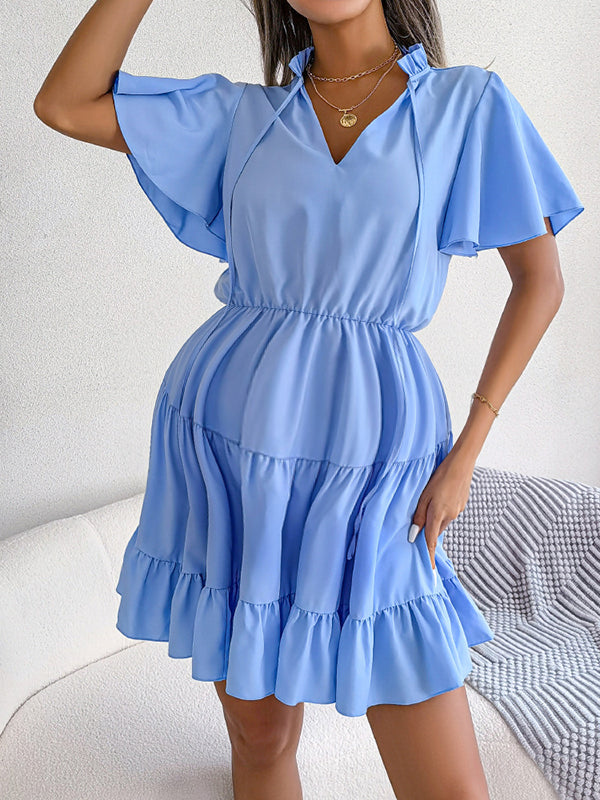 Robe courte grossesse volants fluide trapèze bleu
