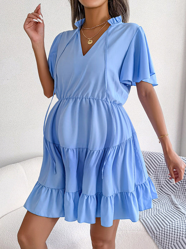 Robe courte grossesse volants fluide trapèze bleu