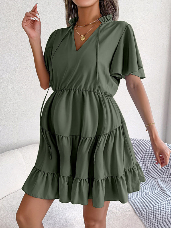 Robe courte grossesse volants fluide trapèze vert armée