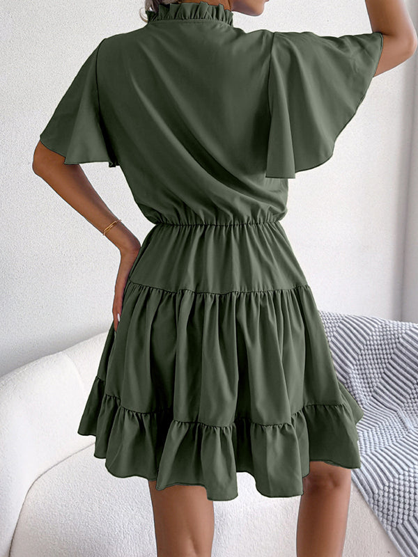 Robe courte grossesse volants fluide trapèze vert armée