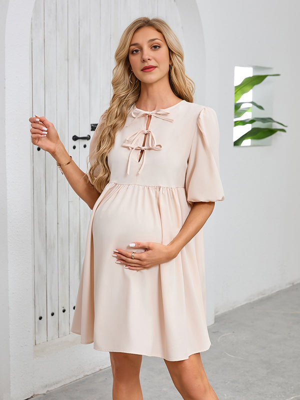 Robe courte grossesse nœud papillon trapèze abricot