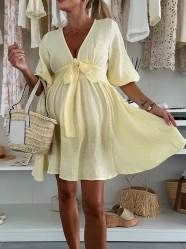 Robe courte grossesse nœud papillon trapèze jaune