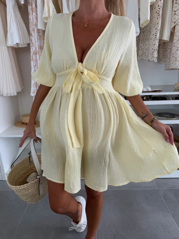 Robe courte grossesse nœud papillon trapèze jaune
