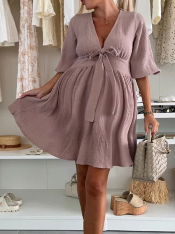 Robe courte grossesse nœud papillon trapèze café